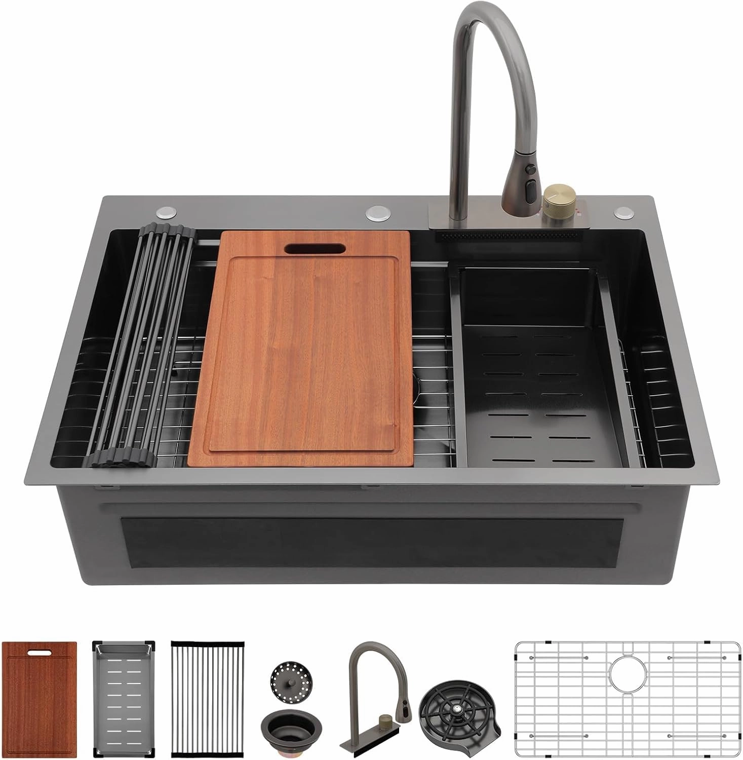 Sarlai 33 Inch Waterfall Kitchen Sink Workstation - 33x22 Black Waterfall Drop In Sink Stainless Steel 16 Gauge Sink Multifunction Single Bowl Smart Top Mount Kitchen Sinks with Faucet Combo