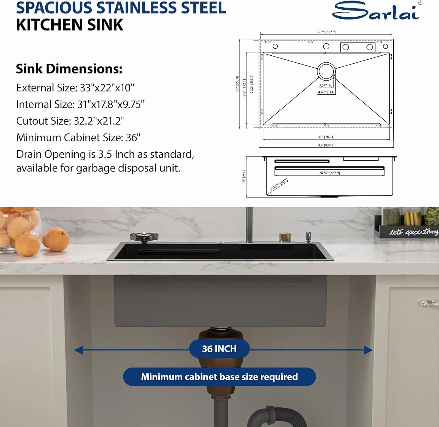Sarlai 33 Inch Waterfall Kitchen Sink Workstation - 33x22 Black Waterfall Drop In Sink Stainless Steel 16 Gauge Sink Multifunction Single Bowl Smart Top Mount Kitchen Sinks with Faucet Combo