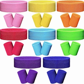 SATINIOR 8 Sets 80s Sweat Band and Wristband Sports Neon Headbands Exercise Sweatbands Gym Wristbands for Men Women Sports Activities