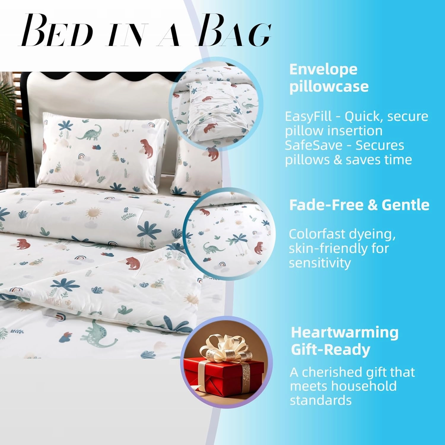 SDY Dinosaur Comforter Twin,Silky Cooling Comforter for Night Sweats Absorbs Body Heat,Bed in a Bag Twin Comforter Include 1 Comforter  2 Pillowcases.