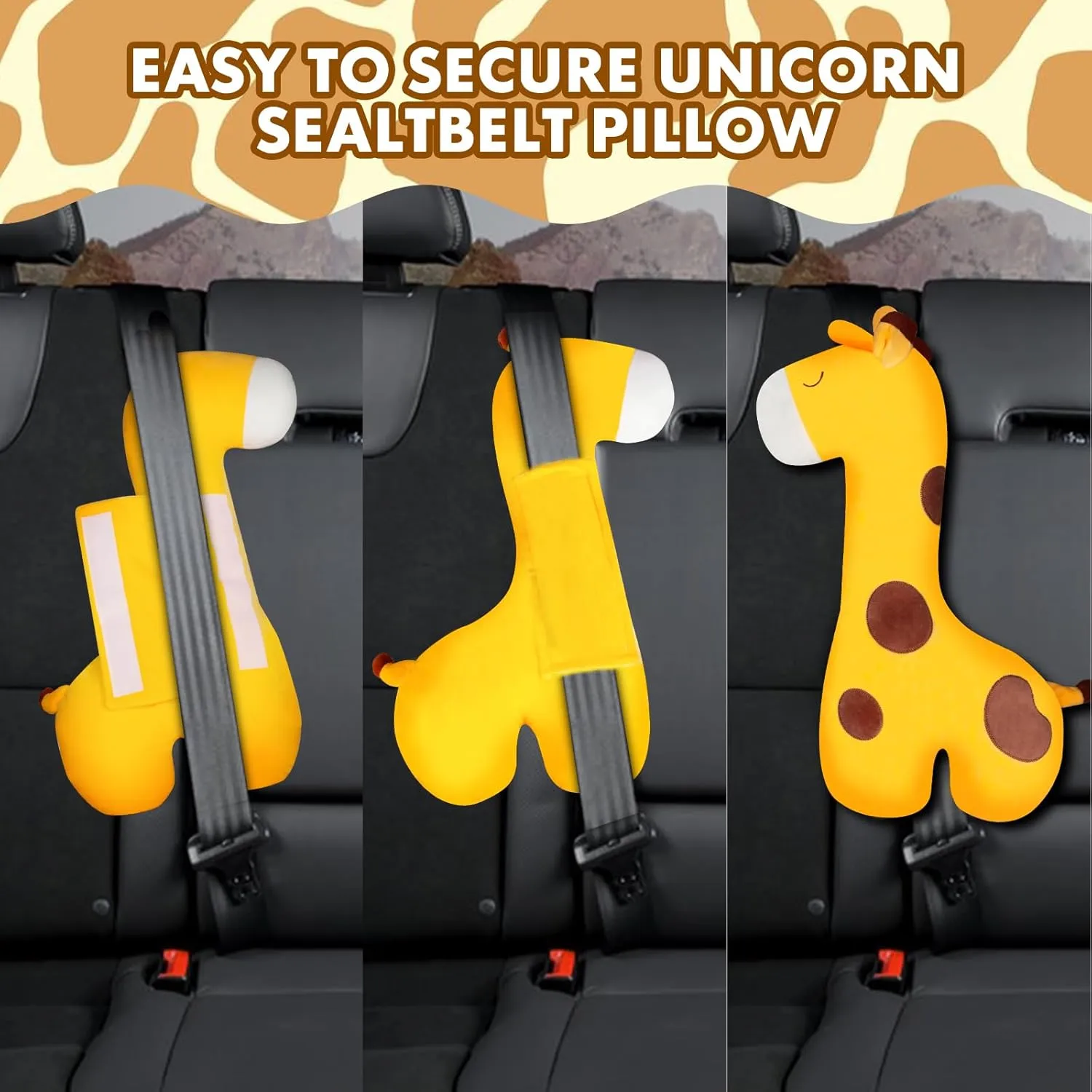 Seat Belt Cover Pillow for Kids, Car Seatbelt Cushion Shoulder Neck Support Protector Pad, Soft Stuffed Plush Travel Vehicle Safety Belts Strap Pillow for Boys and Girls Headrest (Giraffe)