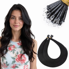 SEGO Nano Bead Hair Extensions Human Hair, 1g/s 50g/pack 18 Inch Nano Ring Hair Extensions, Highlight, Add Volume and Length, Nano Tip Hair Extensions for Women Jet Black