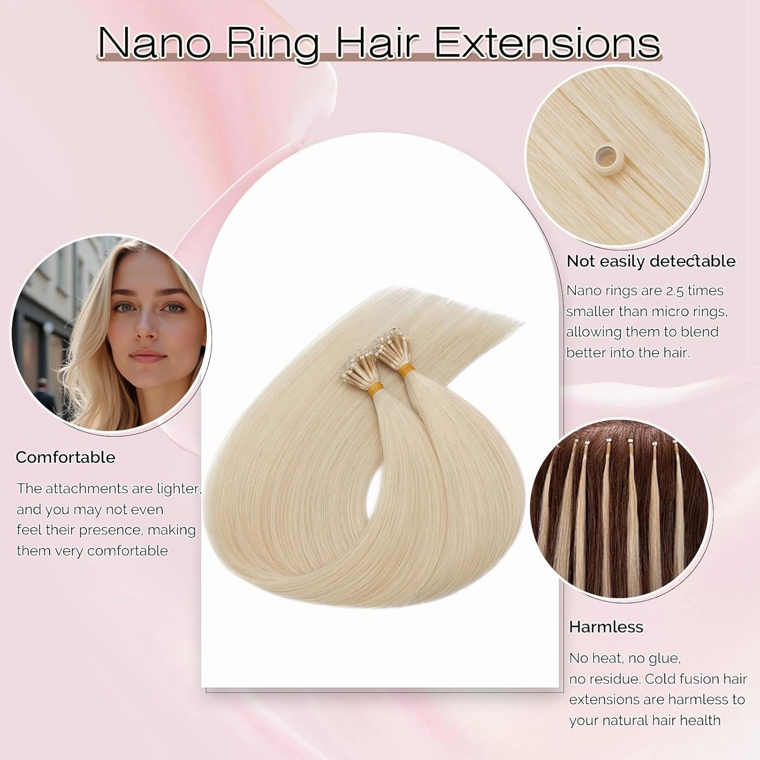 SEGO Nano Bead Hair Extensions Human Hair, 1g/s 50g/pack 18 Inch Nano Ring Hair Extensions, Highlight, Add Volume and Length, Nano Tip Hair Extensions for Women Platinum blonde