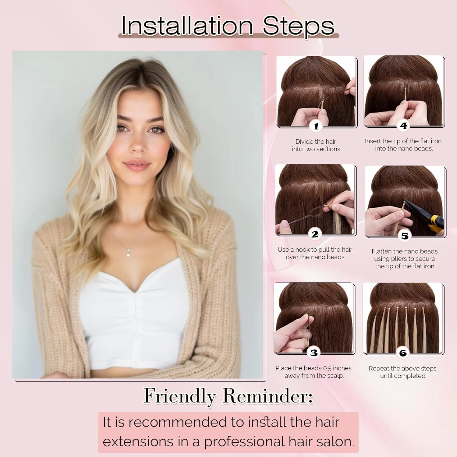 SEGO Nano Bead Hair Extensions Human Hair, 1g/s 50g/pack 18 Inch Nano Ring Hair Extensions, Highlight, Add Volume and Length, Nano Tip Hair Extensions for Women Platinum blonde