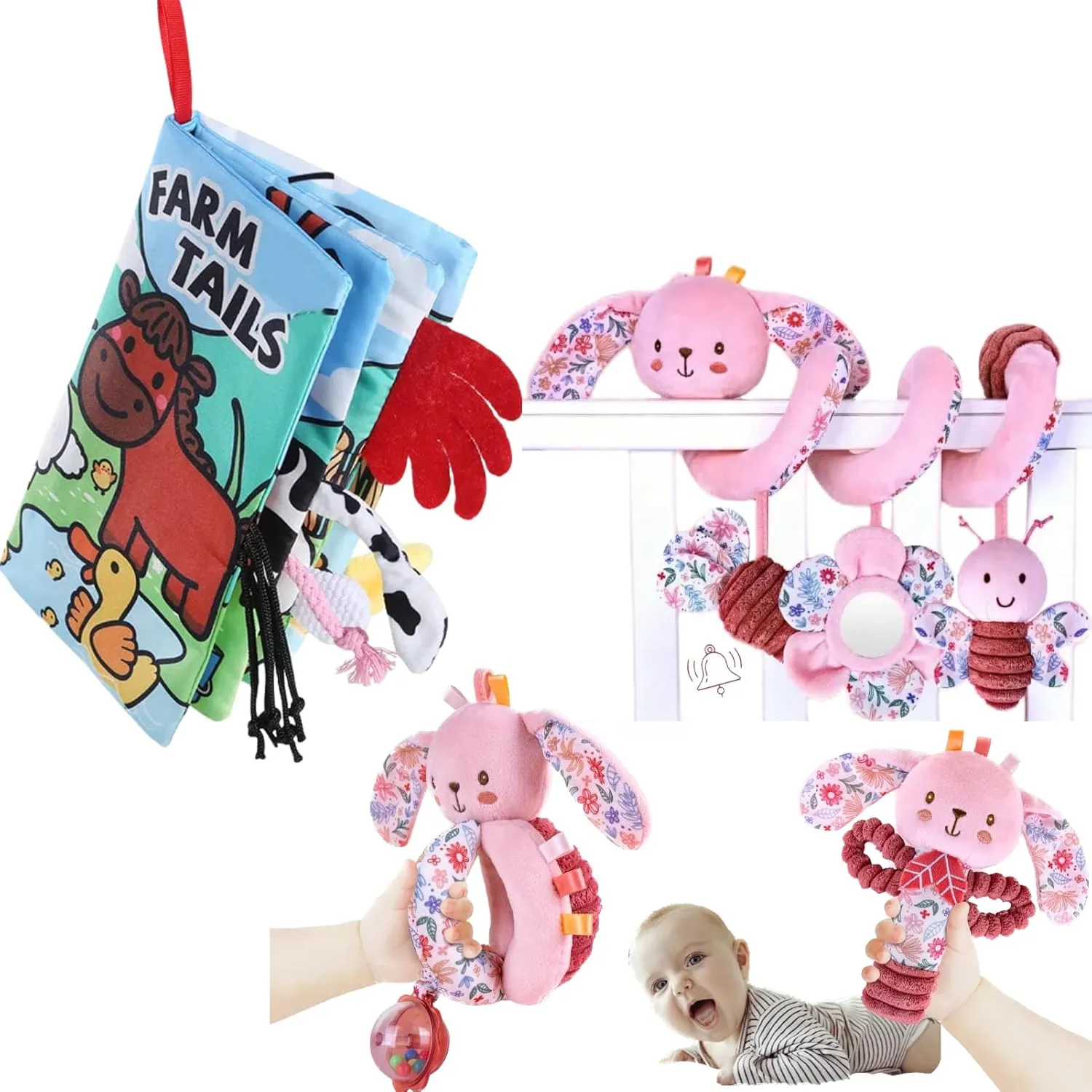 Sensory Baby Books 0-6 to 12 Months, Soft Cloth Crinkle Infant Toy and Car Seat Stroller Toys Stuffed Animals for Babies, Newborn Girl Boy Shower Gifts Bunny 3PCS