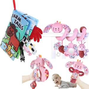Sensory Baby Books 0-6 to 12 Months, Soft Cloth Crinkle Infant Toy and Car Seat Stroller Toys Stuffed Animals for Babies, Newborn Girl Boy Shower Gifts Bunny 3PCS