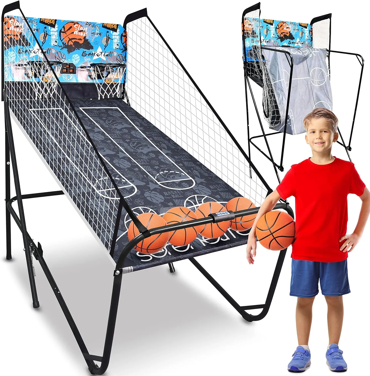 SereneLife Dual Hoop Basketball Shootout Indoor Home Arcade Room Game with Electronic LED Double Basketball Shot Scoreboard & Play Timer, Fold-up Court Shooting Sports for Kids&Adults Player