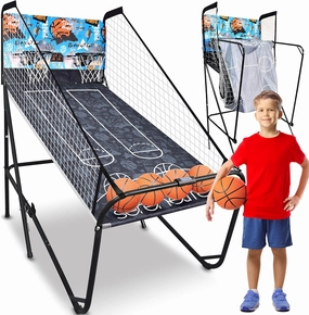 SereneLife Dual Hoop Basketball Shootout Indoor Home Arcade Room Game with Electronic LED Double Basketball Shot Scoreboard & Play Timer, Fold-up Court Shooting Sports for Kids&Adults Player
