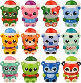 Set of 24 Mini Winter Animal Themed Slow Rise Squishy Toys - Pig, Bear, Zebra, Memory Foam Squish Stress Ball - Winter Christmas
