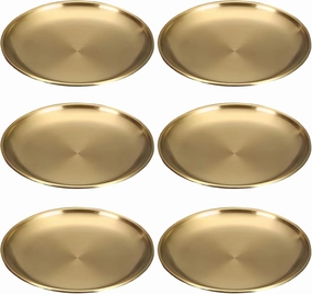 Set of 6 Golden Round Stainless Steel Plates, 10 in Reusable Metal Dinnerware for Outdoor Dining & Salads