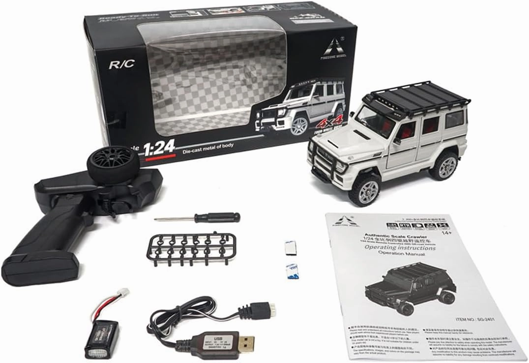 SG-2401 RC Car, 1/24 4WD Electric Brush Crawler Car Model Vehicle with Led Light, 2.4Ghz Climbing 4x4 RC Rock Crawler 10 km/h, Hobby Grade Toys for Adults - White