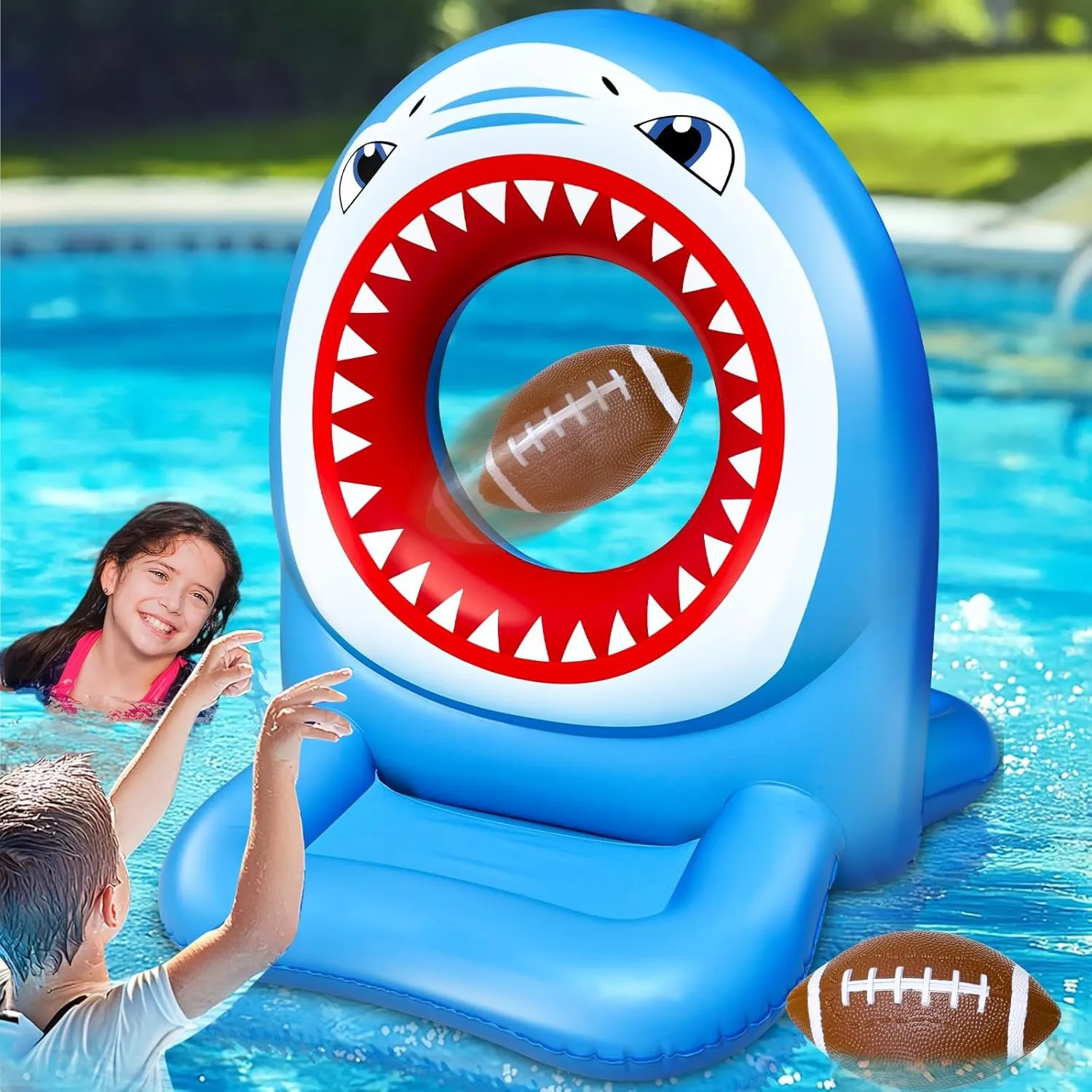 Shark Pool Toys for Kids, Inflatable Football Hoop Ring Toss & Flying Disc Target Toss Pool Games Set - Water Toy for Adults Family, Cool Summer Water Party Beach Floating Battle Game