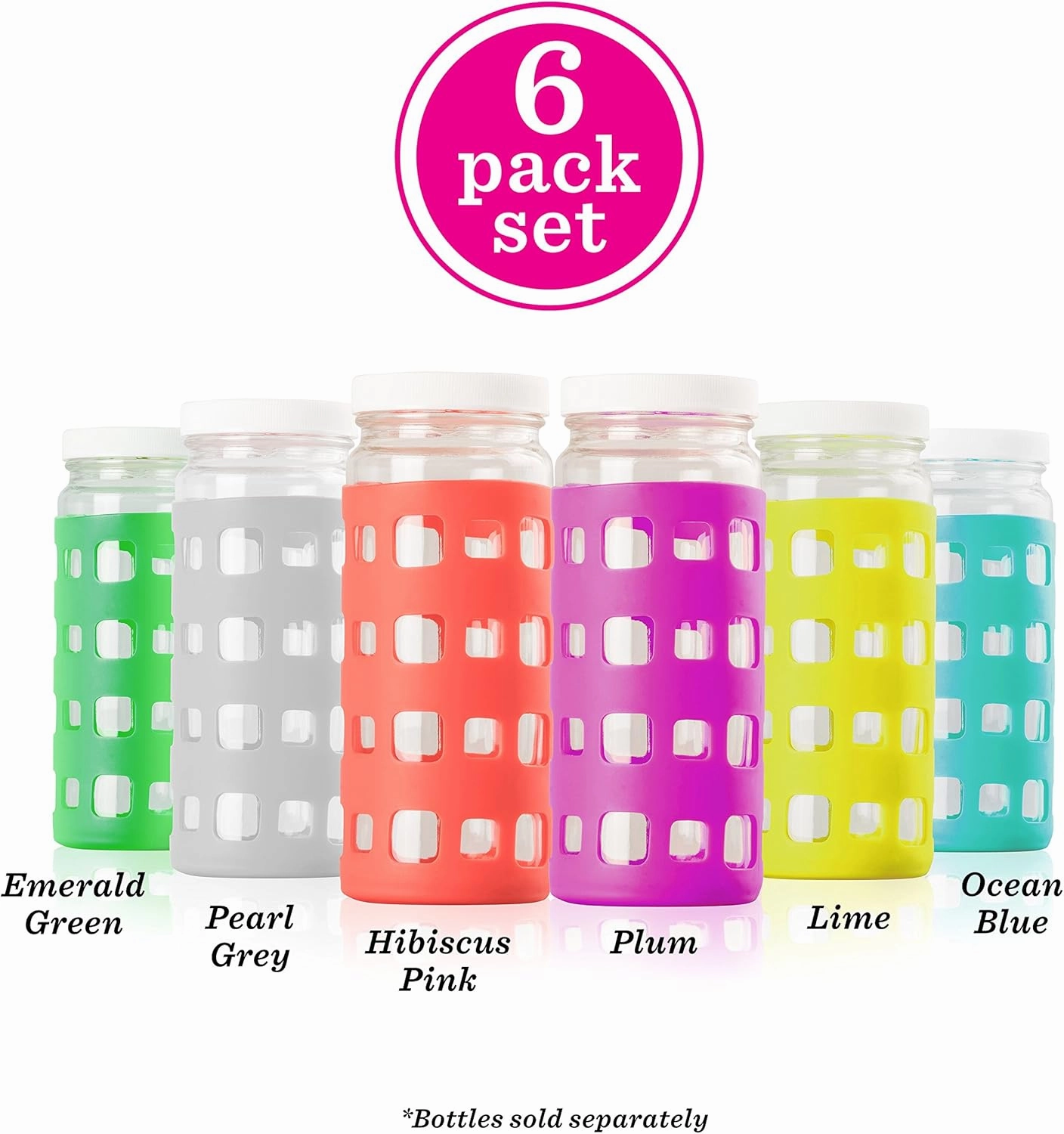 Silicone Glass Water Bottle Sleeves - 6-Pack of Protective Holders 16-18 oz Capacity - Anti-Slip Protection for Beverage Containers - Insulating Carriers for Smoothies and Juices (Vibrant Colors)