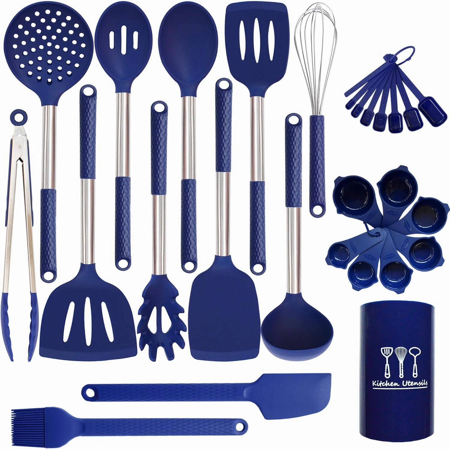 Silicone Kitchen Utensils Set - 28 Pieces Cooking Utensils Set Non-Stick Heat Resistance Silicon with Stainless Steel Handle - Royal Blue