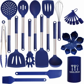 Silicone Kitchen Utensils Set - 28 Pieces Cooking Utensils Set Non-Stick Heat Resistance Silicon with Stainless Steel Handle - Royal Blue