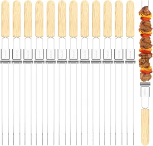 Skewers for Grilling, 17" (12 Pcs) Wooden Handle Double Pronged Stainless Steel Flat Kabob Skewers with Push Bar, Reusable Metal Skewer Sticks for Meat Chicken Vegetable, Grill BBQ Accessories