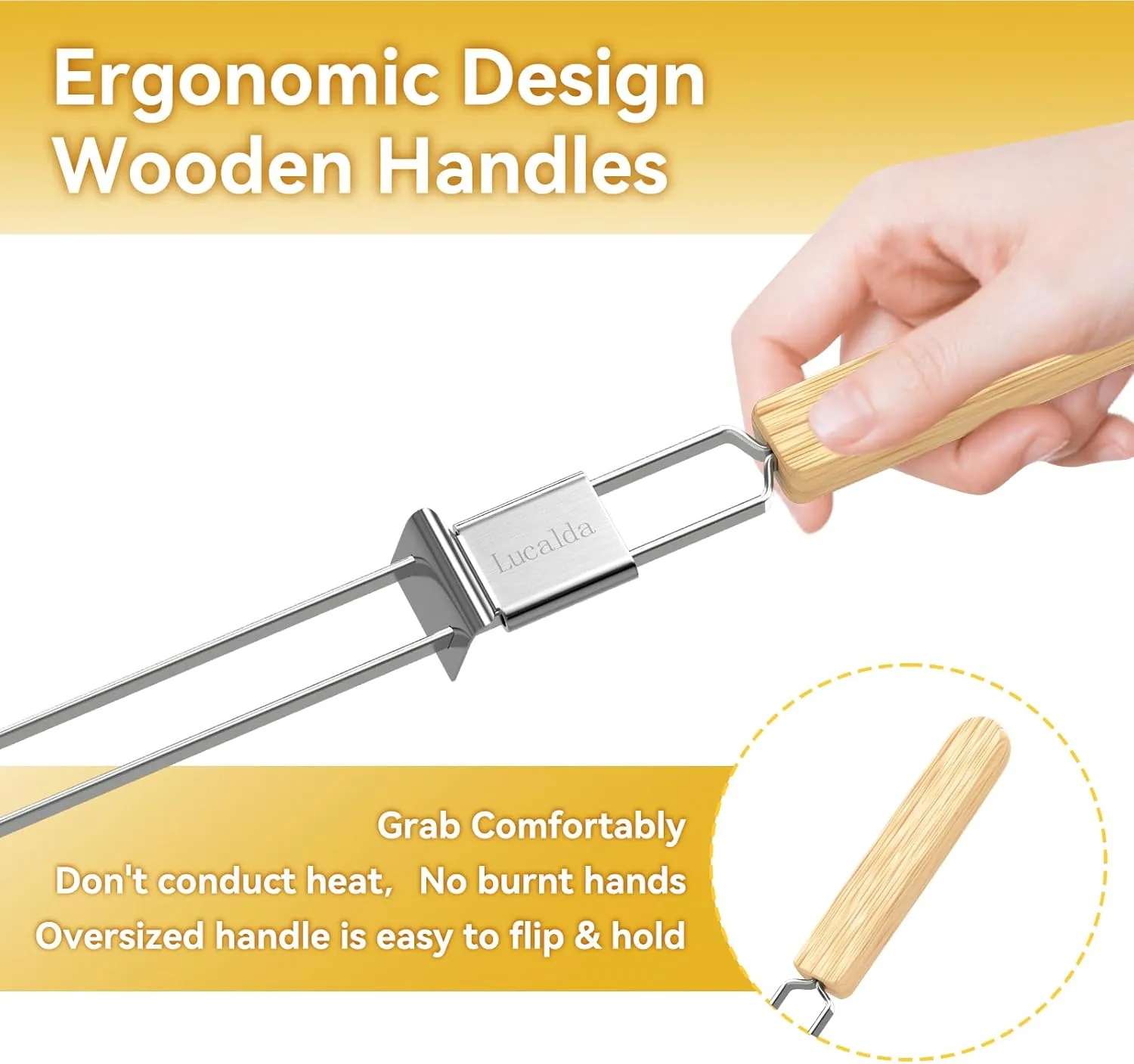 Skewers for Grilling, 17" (12 Pcs) Wooden Handle Double Pronged Stainless Steel Flat Kabob Skewers with Push Bar, Reusable Metal Skewer Sticks for Meat Chicken Vegetable, Grill BBQ Accessories