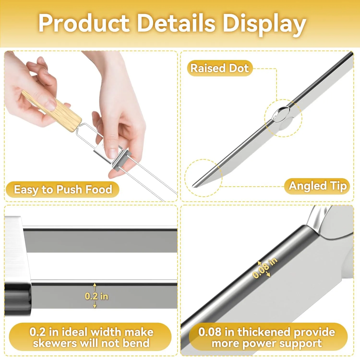 Skewers for Grilling, 17" (12 Pcs) Wooden Handle Double Pronged Stainless Steel Flat Kabob Skewers with Push Bar, Reusable Metal Skewer Sticks for Meat Chicken Vegetable, Grill BBQ Accessories