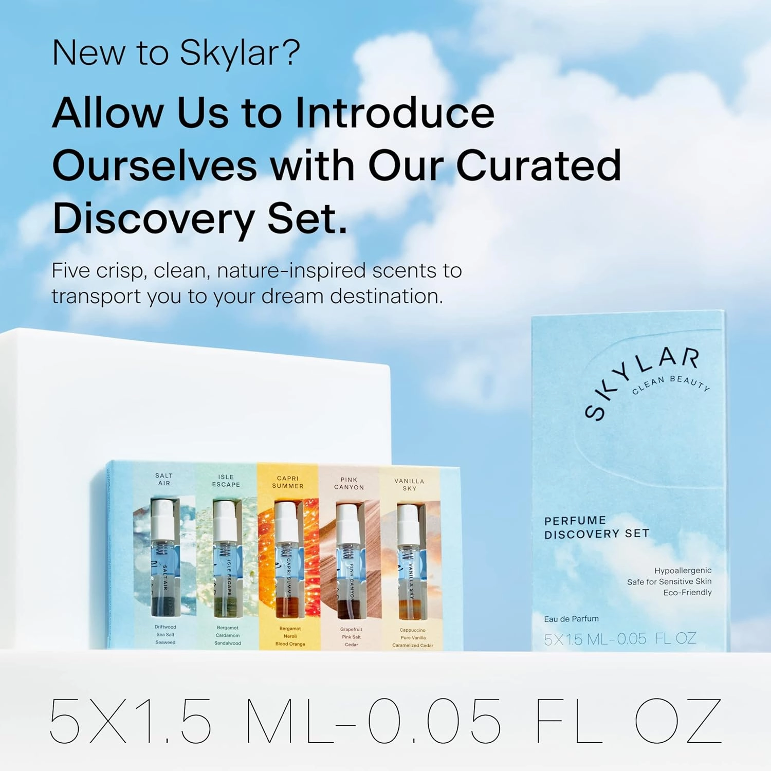 Skylar Perfume Discovery Spray Sampler Set - Salt Air, Isle Escape, Capri Summer, Pink Canyon, Vanilla Sky- Hypoallergenic & Clean Perfume for Women & Men - 5 1.5mL