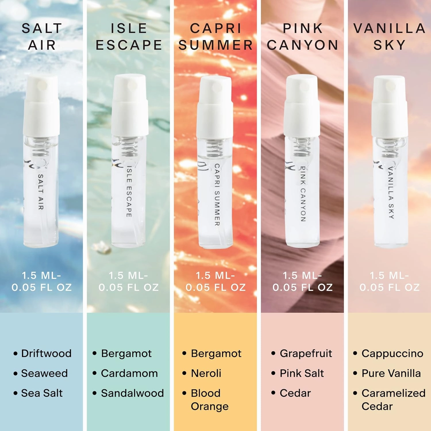 Skylar Perfume Discovery Spray Sampler Set - Salt Air, Isle Escape, Capri Summer, Pink Canyon, Vanilla Sky- Hypoallergenic & Clean Perfume for Women & Men - 5 1.5mL