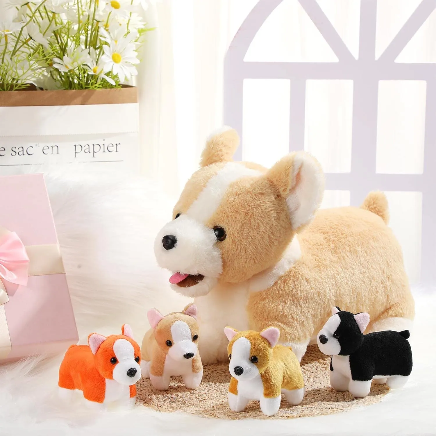 Skylety 5 Pcs Dog Stuffed Animal Puppy Stuffed Animal with Babies Inside 1 Big Mommy with 4 Mini Baby Cute Soft Puppies for Children Birthday Party Adopt a Dog Party Favors(Corgi)