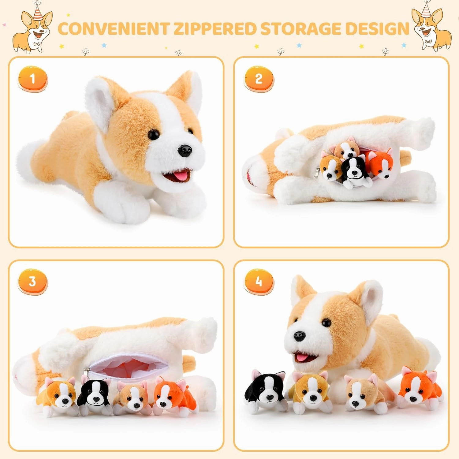 Skylety 5 Pcs Dog Stuffed Animal Puppy Stuffed Animal with Babies Inside 1 Big Mommy with 4 Mini Baby Cute Soft Puppies for Children Birthday Party Adopt a Dog Party Favors(Lying Corgi)