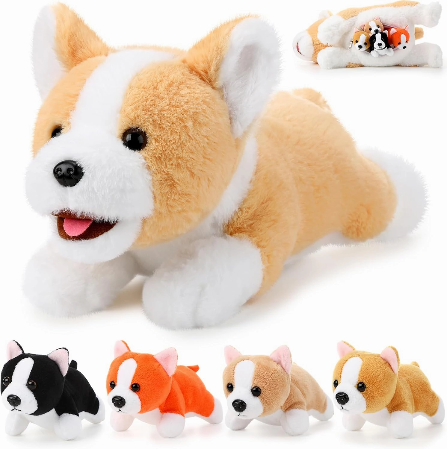 Skylety 5 Pcs Dog Stuffed Animal Puppy Stuffed Animal with Babies Inside 1 Big Mommy with 4 Mini Baby Cute Soft Puppies for Children Birthday Party Adopt a Dog Party Favors(Lying Corgi)