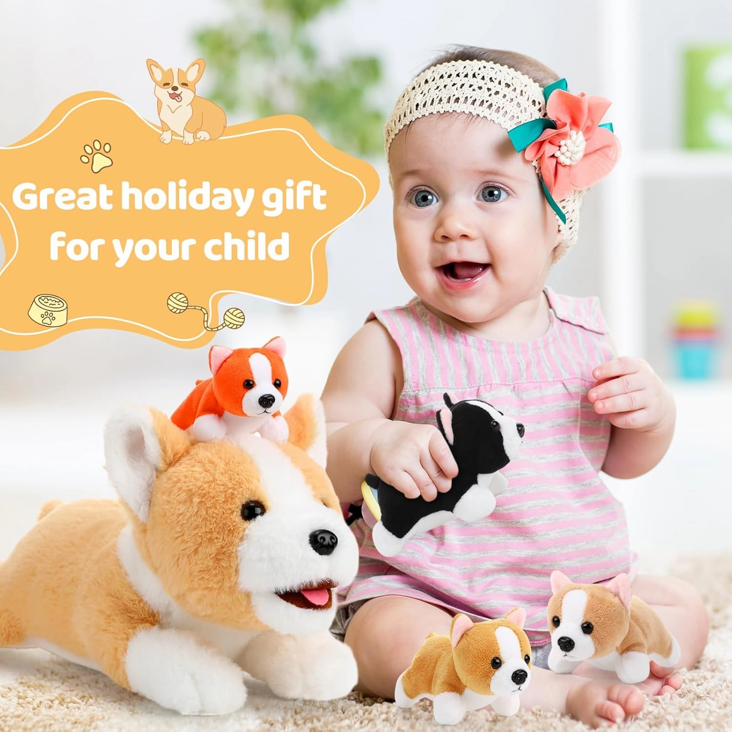 Skylety 5 Pcs Dog Stuffed Animal Puppy Stuffed Animal with Babies Inside 1 Big Mommy with 4 Mini Baby Cute Soft Puppies for Children Birthday Party Adopt a Dog Party Favors(Lying Corgi)