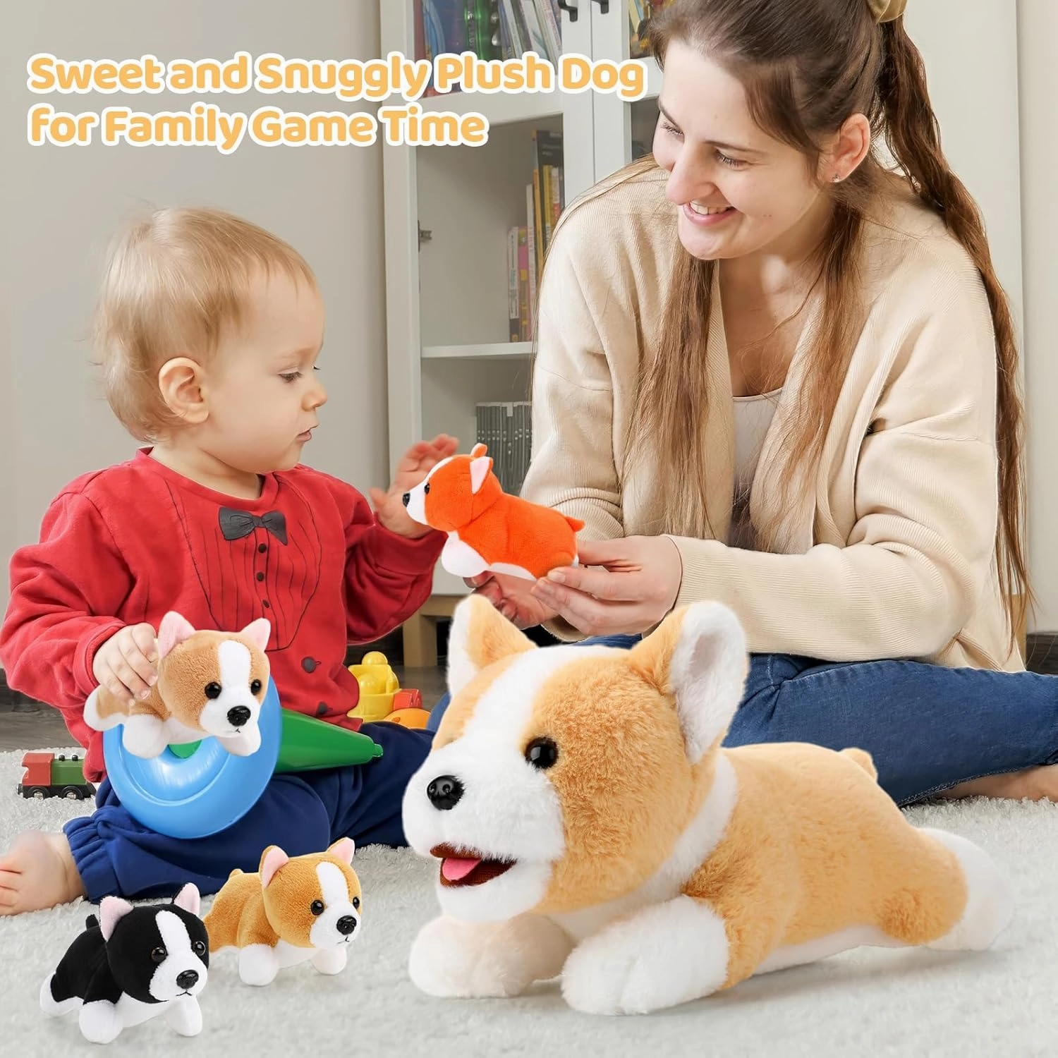 Skylety 5 Pcs Dog Stuffed Animal Puppy Stuffed Animal with Babies Inside 1 Big Mommy with 4 Mini Baby Cute Soft Puppies for Children Birthday Party Adopt a Dog Party Favors(Lying Corgi)
