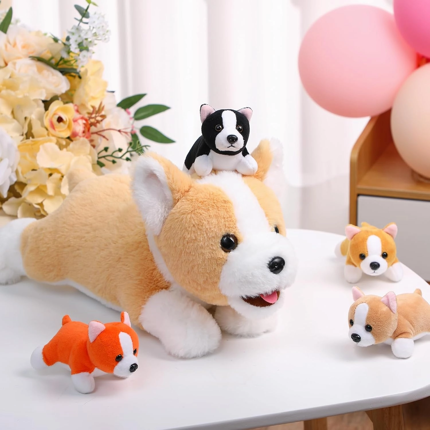 Skylety 5 Pcs Dog Stuffed Animal Puppy Stuffed Animal with Babies Inside 1 Big Mommy with 4 Mini Baby Cute Soft Puppies for Children Birthday Party Adopt a Dog Party Favors(Lying Corgi)