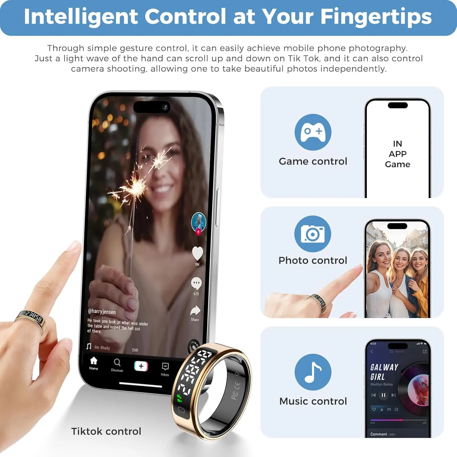 Smart Ring Fitness Tracker for Men Women - Ring with Touchscreen Display for Activity, Sleep & Heart Rate Tracking, Step Counter, Remote Phone Control, IP68 Water Resistant, 7-Day Battery Gold #10