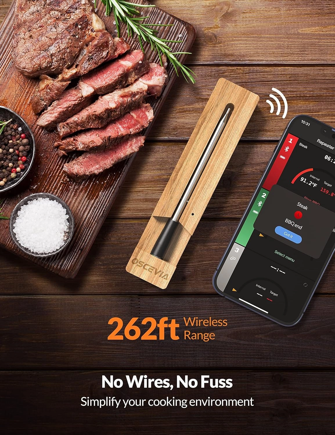 Smart Meat Thermometer, OSCEVIA 2-Probe Bluetooth Food Thermometer with Smart Alert, 262ft Wireless Range, IP67 Waterproof, Magnetic Design for BBQ, Kitchen, Air Fryer, Garden, Oven, Grill, Rotisserie