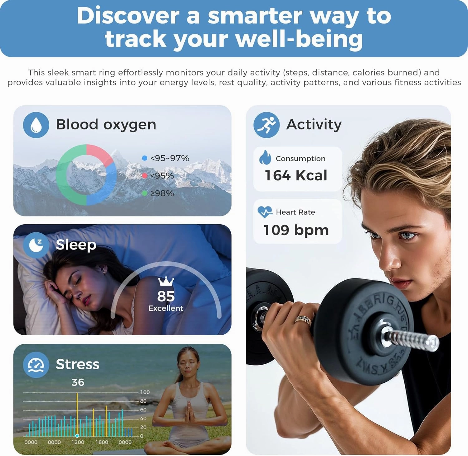 Smart Ring Fitness Tracker for Men Women - Ring with Touchscreen Display for Activity, Sleep & Heart Rate Tracking, Step Counter, Remote Phone Control, IP68 Water Resistant, 7-Day Battery Gold #12