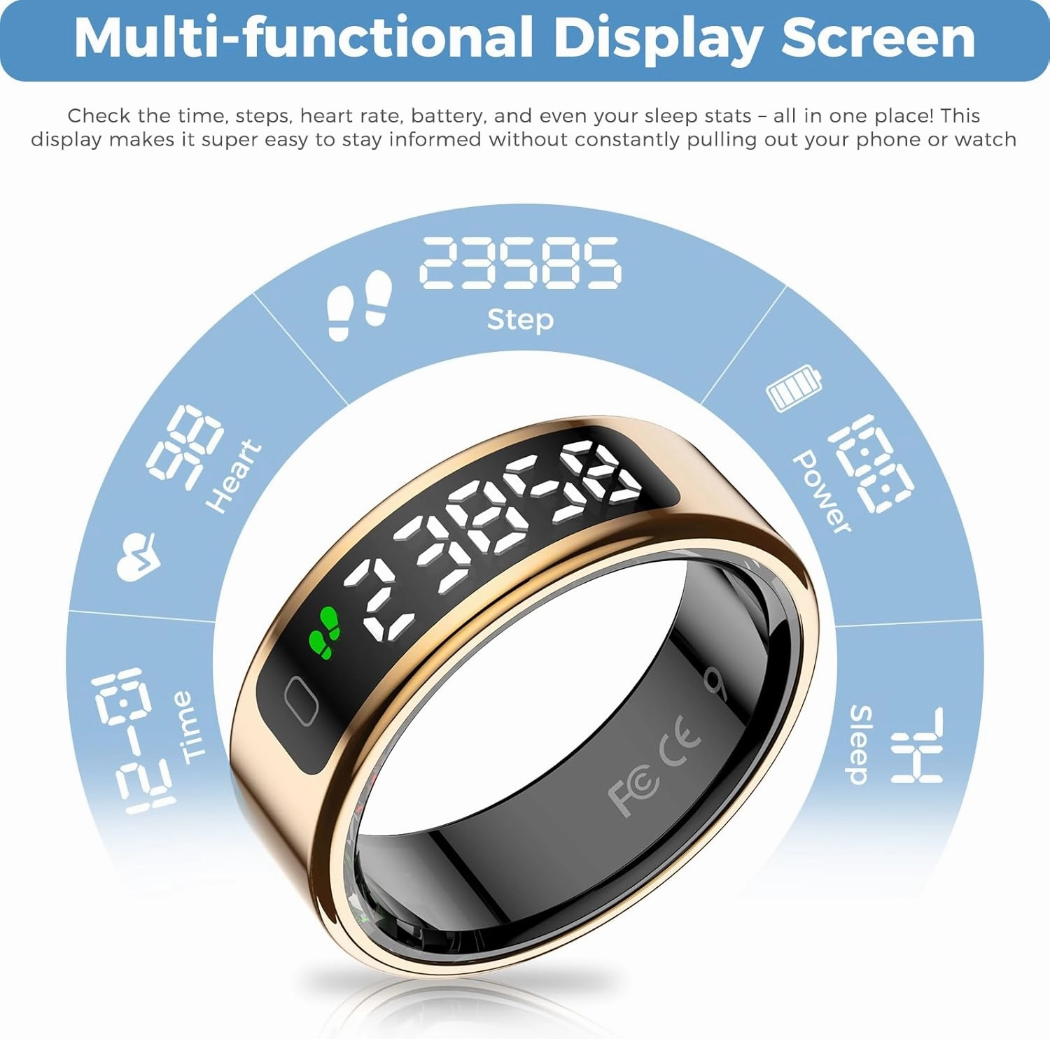 Smart Ring Fitness Tracker for Men Women - Ring with Touchscreen Display for Activity, Sleep & Heart Rate Tracking, Step Counter, Remote Phone Control, IP68 Water Resistant, 7-Day Battery Gold #12