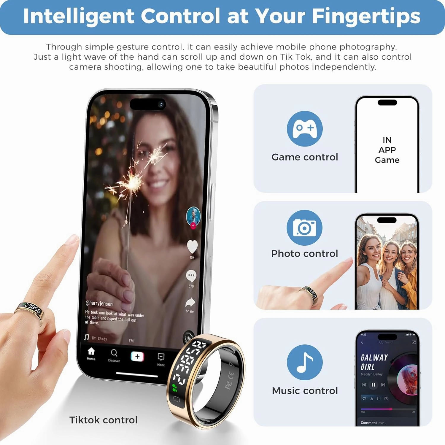 Smart Ring Fitness Tracker for Men Women - Ring with Touchscreen Display for Activity, Sleep & Heart Rate Tracking, Step Counter, Remote Phone Control, IP68 Water Resistant, 7-Day Battery Gold #12