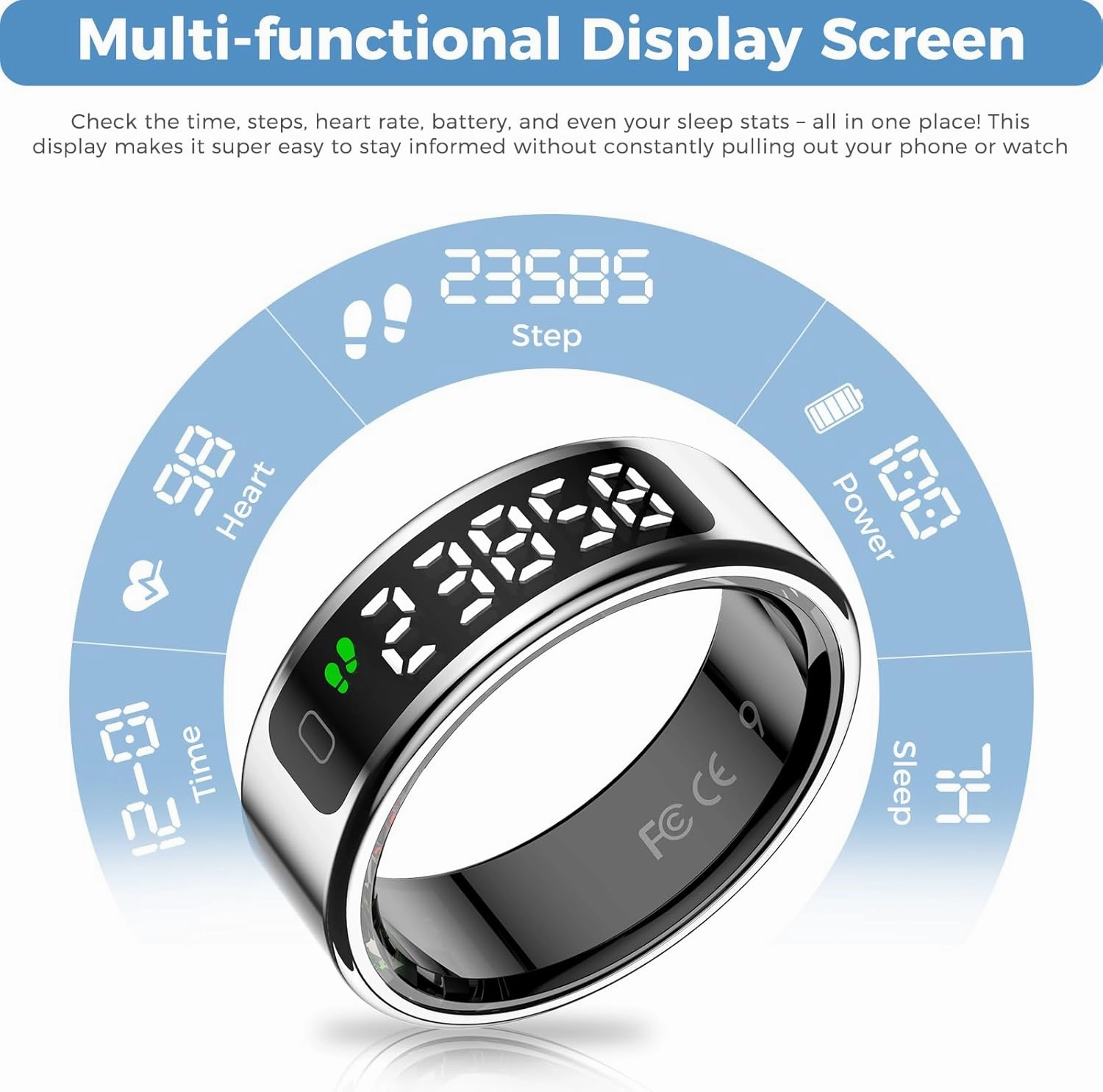 Smart Ring Fitness Tracker for Men Women - Ring with Touchscreen Display for Activity, Sleep & Heart Rate Tracking, Step Counter, Remote Phone Control, IP68 Water Resistant, 7-Day Battery Silver #09