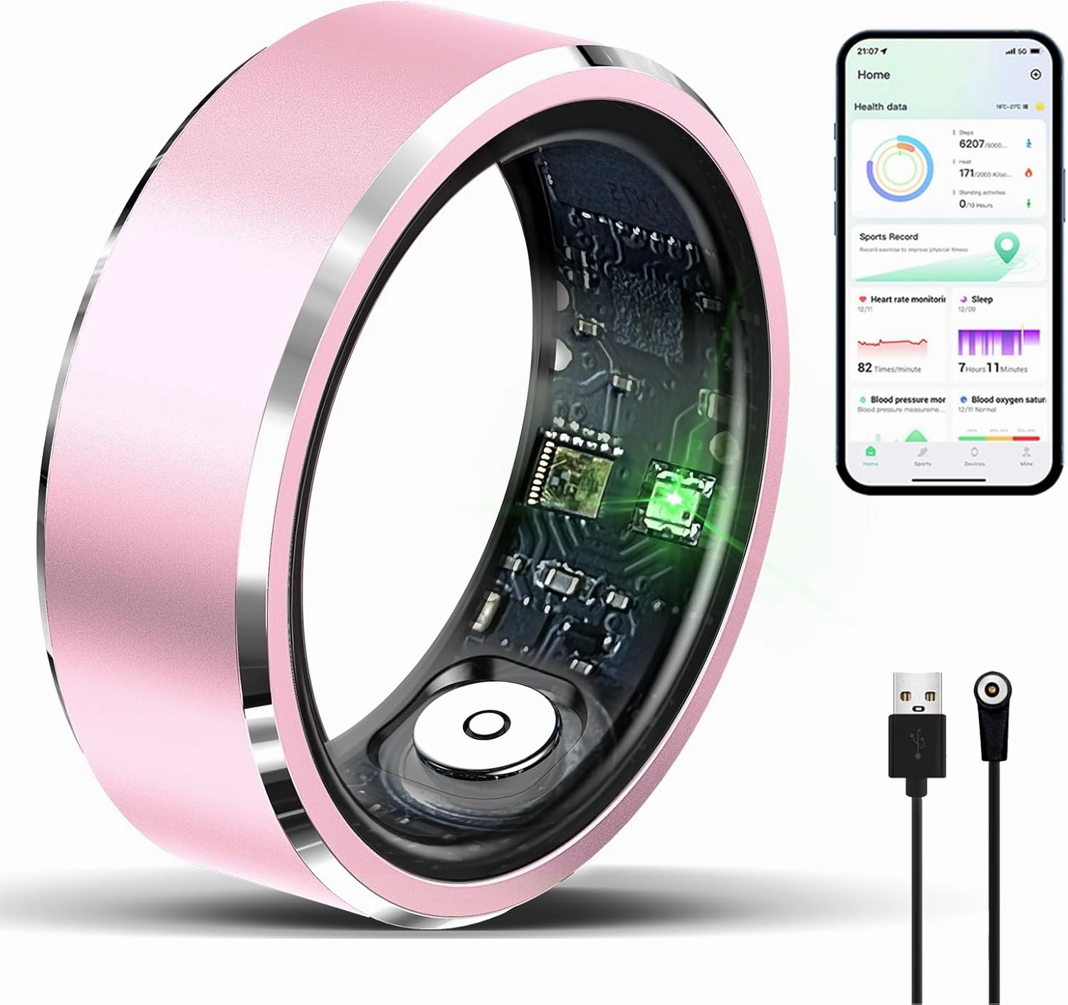 Smart Ring, Fitness Tracker Ring for Men/Women,Monitoring of Pedometer,Heart Rate,Blood Oxygen,Sleep Tracker,No App Subscription,Compatible with Android and iOS (Pink, 10)