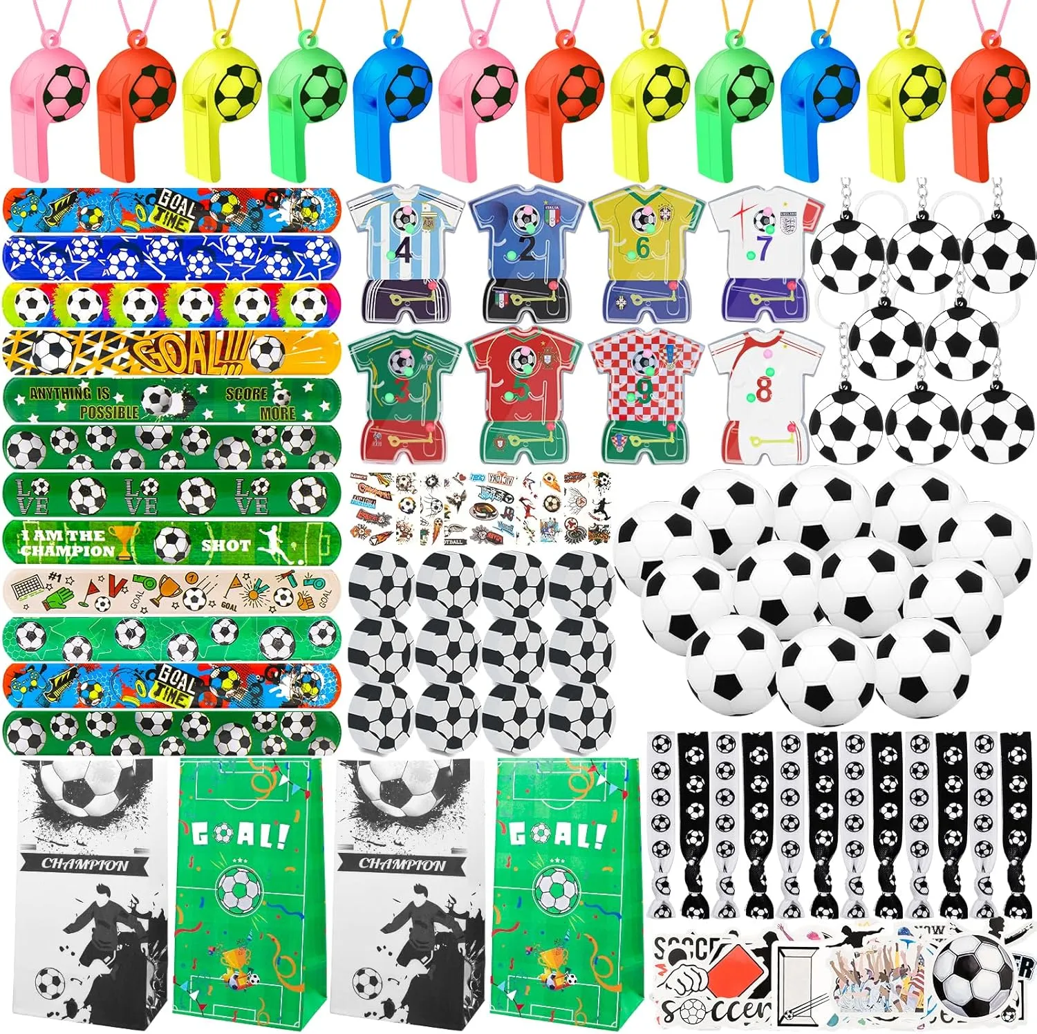 Soccer Party Favors with Soccer Party Bags Soccer Whistle Mini Foam Soccer Ball Soccer Slap Bracelets Hair Ties Keychains Sticker Tattoos for Soccer Party Decor Party Goodie Bag Fillers