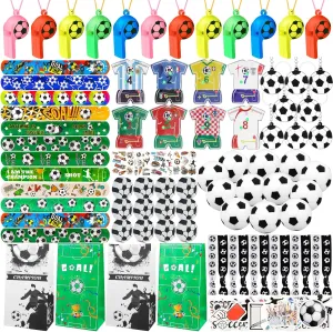 Soccer Party Favors with Soccer Party Bags Soccer Whistle Mini Foam Soccer Ball Soccer Slap Bracelets Hair Ties Keychains Sticker Tattoos for Soccer Party Decor Party Goodie Bag Fillers