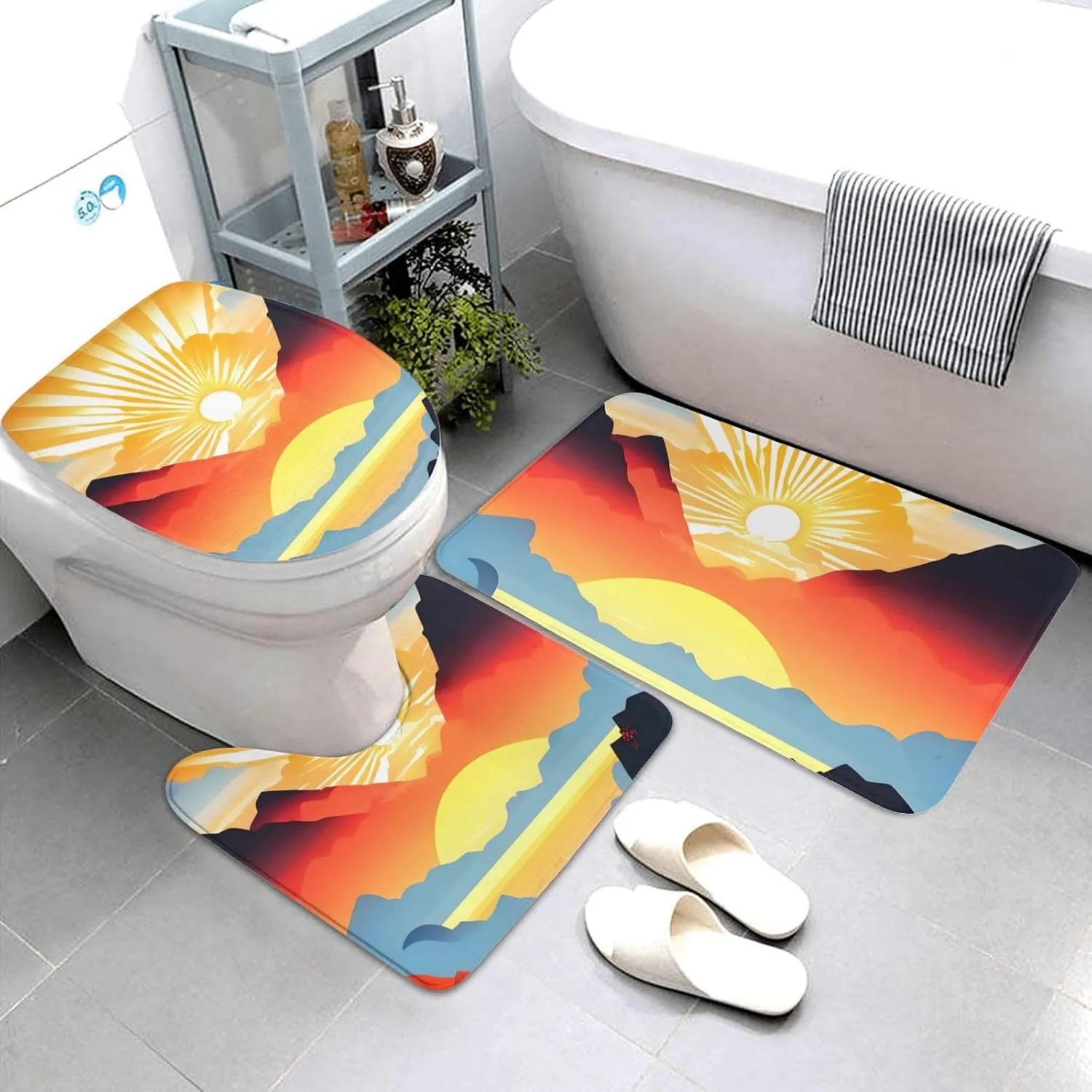 Soft and Comfortable Flannel Bathroom Non Slip Rugs,Super Absorbent Anti-Skid Carpet 3 Pieces/Set Bright Sunrise