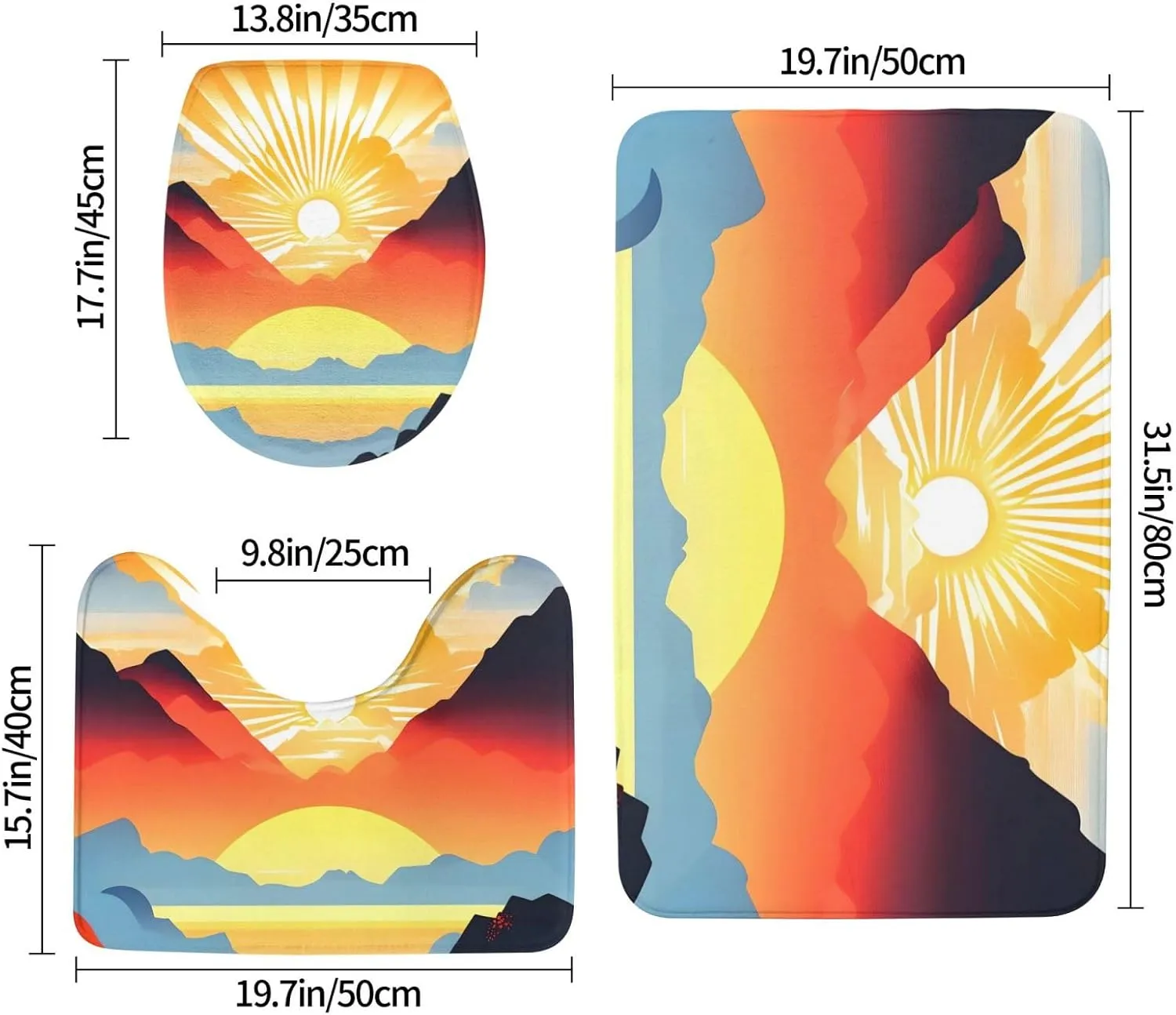 Soft and Comfortable Flannel Bathroom Non Slip Rugs,Super Absorbent Anti-Skid Carpet 3 Pieces/Set Bright Sunrise