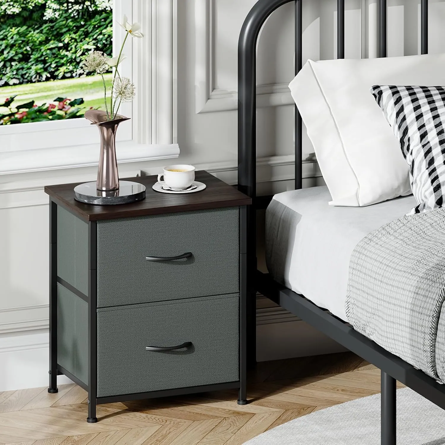 Somdot Nightstand with 2 Drawers, Bedside Table Small Dresser with Removable Fabric Bins for Bedroom Nursery Closet Living Room - Sturdy Steel Frame, Wood Top, Pull Handle - Charcoal Grey