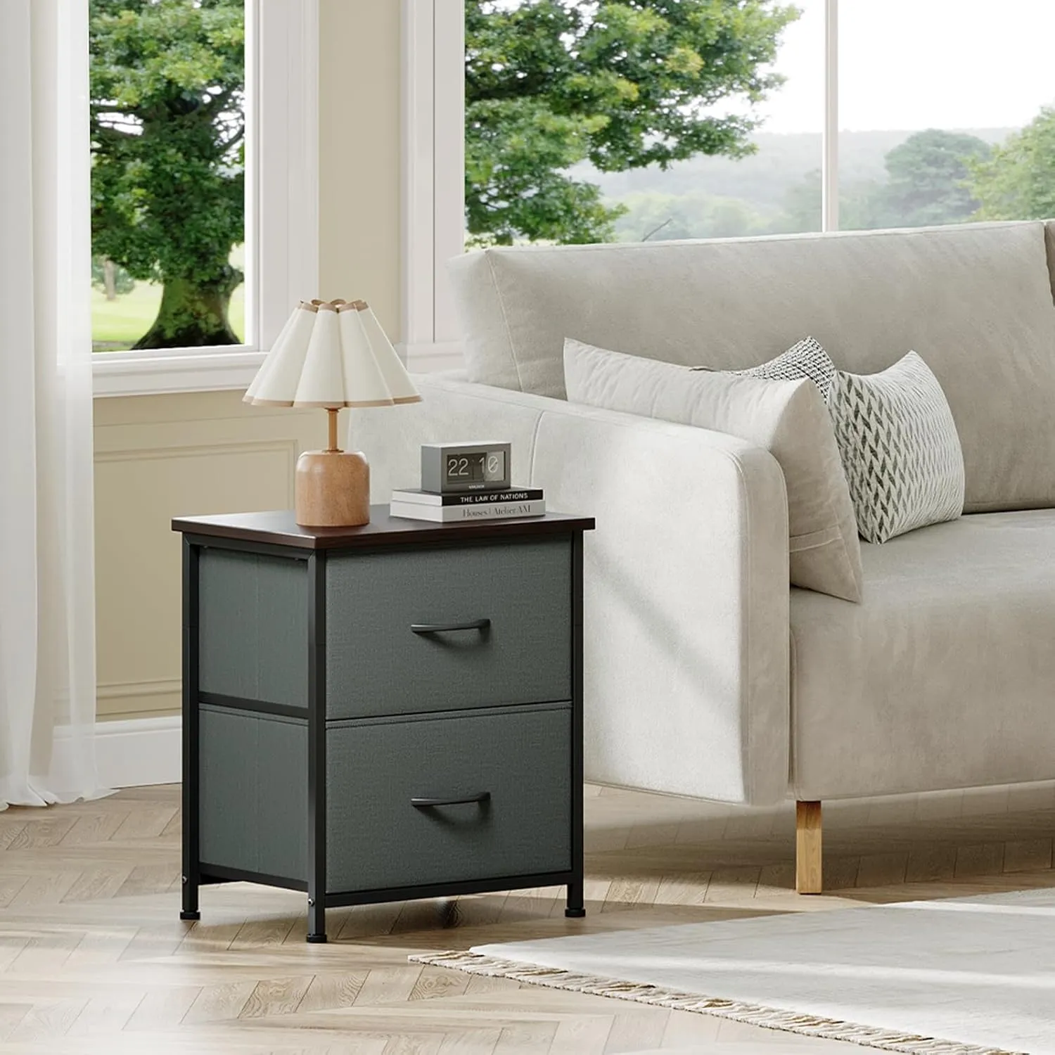 Somdot Nightstand with 2 Drawers, Bedside Table Small Dresser with Removable Fabric Bins for Bedroom Nursery Closet Living Room - Sturdy Steel Frame, Wood Top, Pull Handle - Charcoal Grey