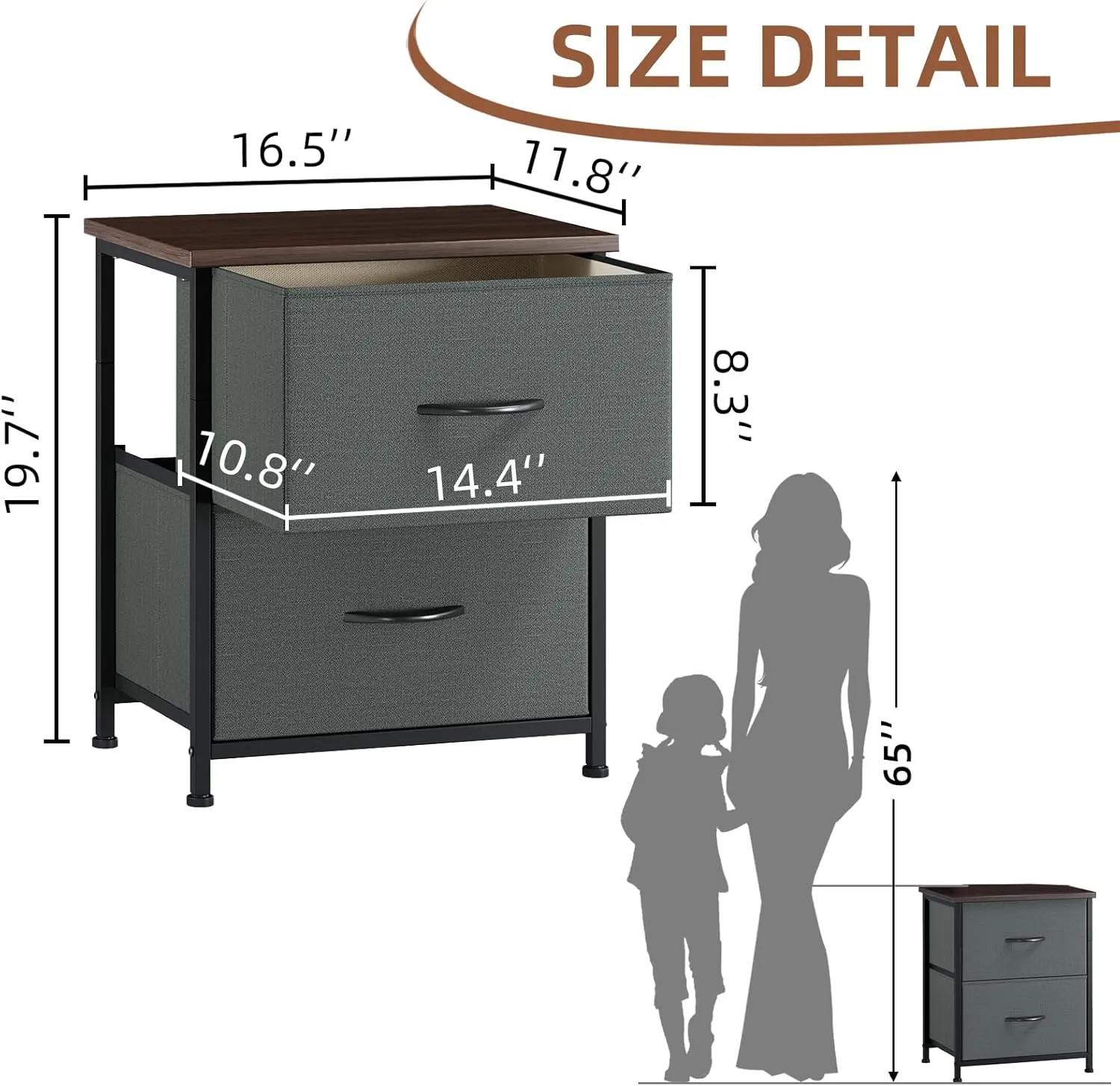 Somdot Nightstand with 2 Drawers, Bedside Table Small Dresser with Removable Fabric Bins for Bedroom Nursery Closet Living Room - Sturdy Steel Frame, Wood Top, Pull Handle - Charcoal Grey
