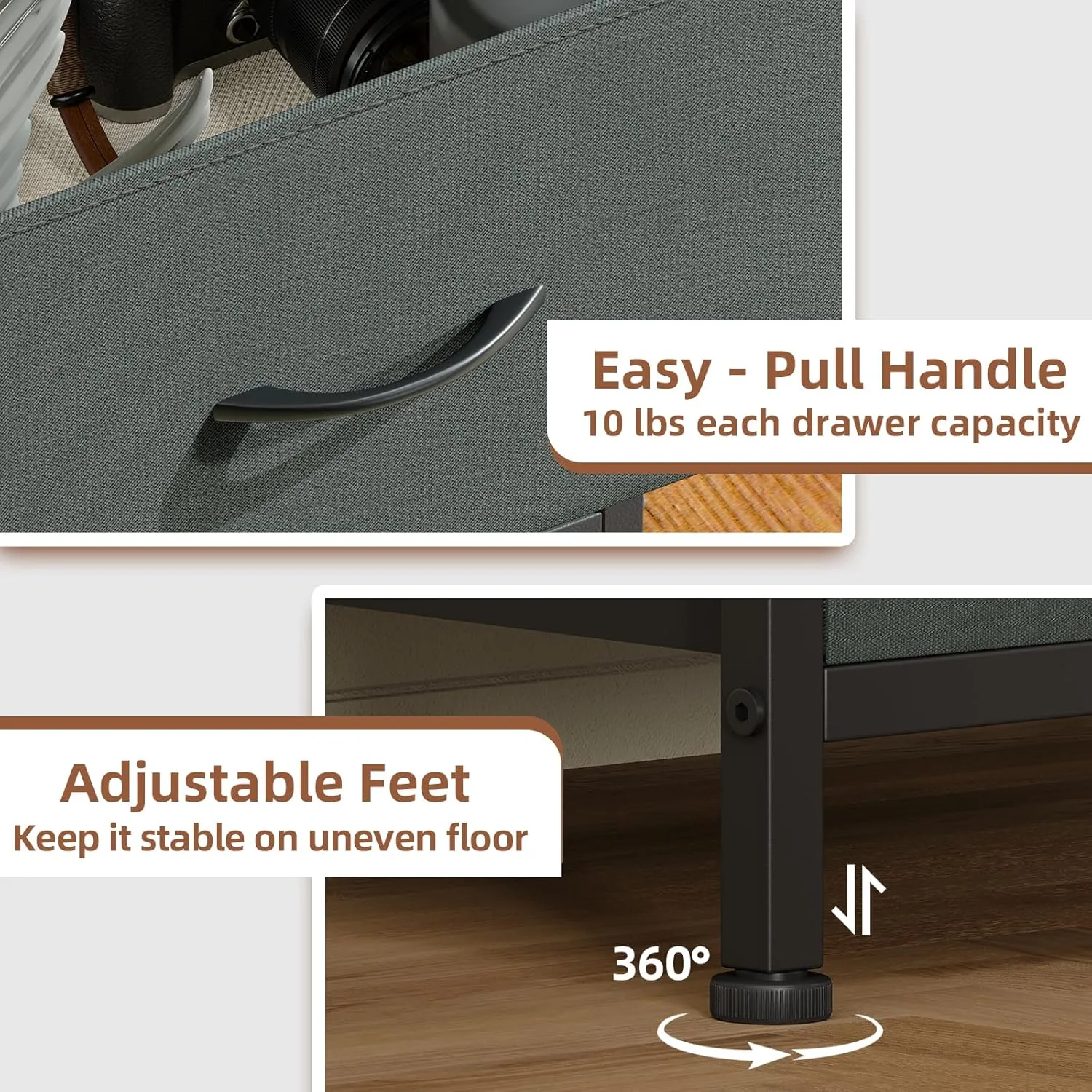 Somdot Nightstand with 2 Drawers, Bedside Table Small Dresser with Removable Fabric Bins for Bedroom Nursery Closet Living Room - Sturdy Steel Frame, Wood Top, Pull Handle - Charcoal Grey