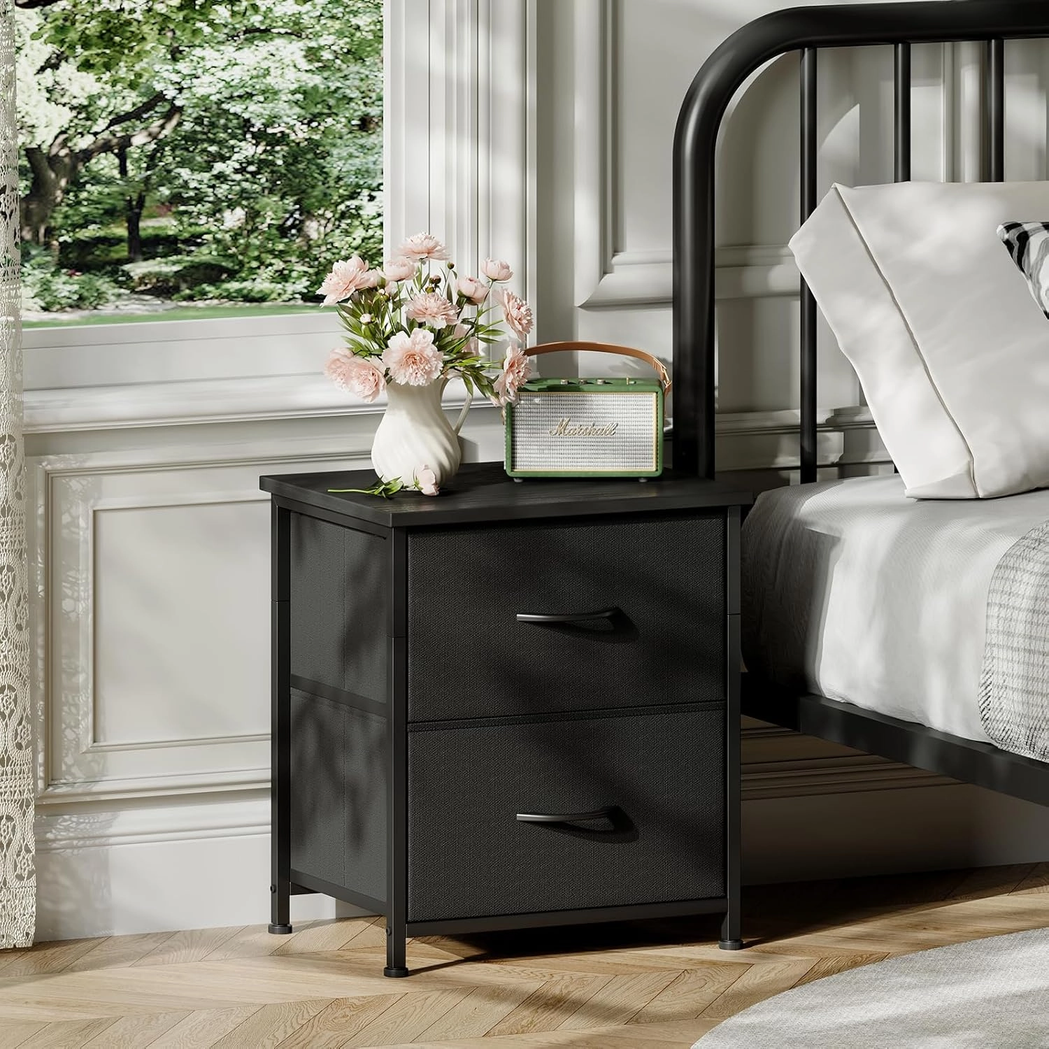 Somdot Nightstand Set of 2, Small Dresser for Bedroom with 2 Storage Drawers, Bed Side Furniture End Table with Fabric Bins for Bedroom Closet, Entryway, College Dorm, Black