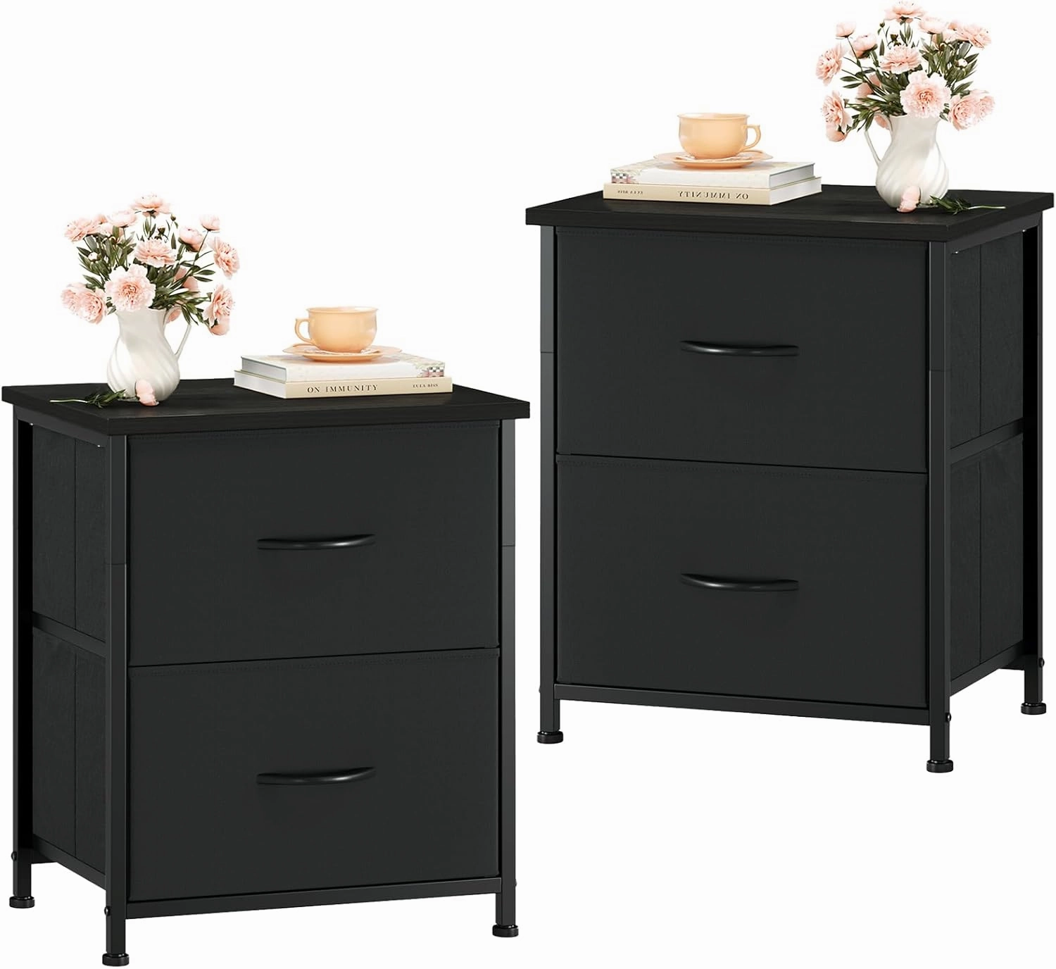 Somdot Nightstand Set of 2, Small Dresser for Bedroom with 2 Storage Drawers, Bed Side Furniture End Table with Fabric Bins for Bedroom Closet, Entryway, College Dorm, Black