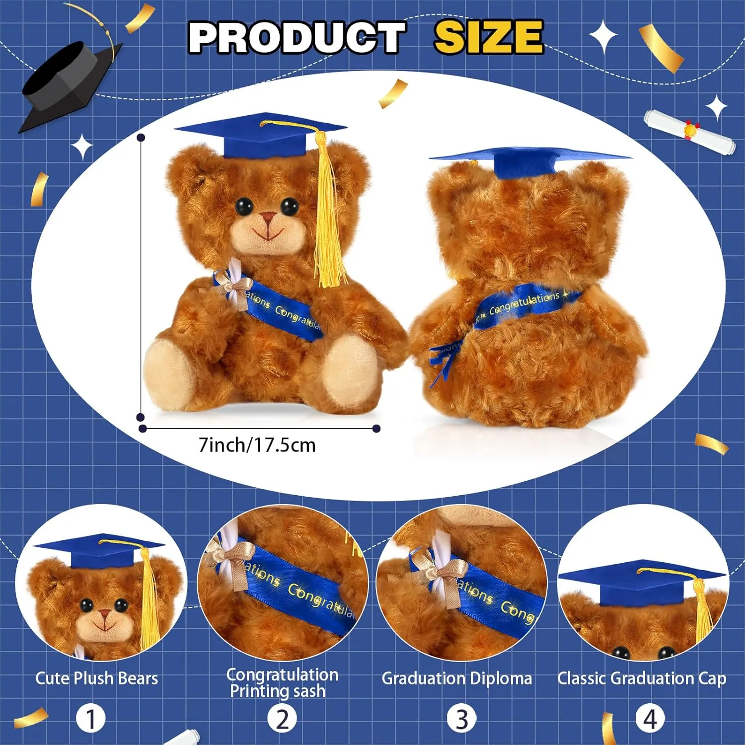 Sotiff 8 Pcs 2025 Graduation Plush Bear Bulk 7 Inch Stuffed Animal Bear with Hat and Diploma Graduation Gift for Friend Relatives College Party(Blue)
