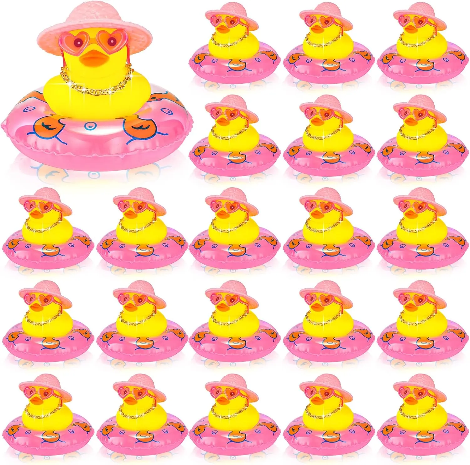 Sotiff Mini Rubber Ducks Bulk for Kids Children Cute Yellow Duck Toy for Dashboard of Car Bathtub Ornaments with Sunglasses Swim Ring Mini Hat Necklace and for Baby Shower(24 Sets,Sweet)