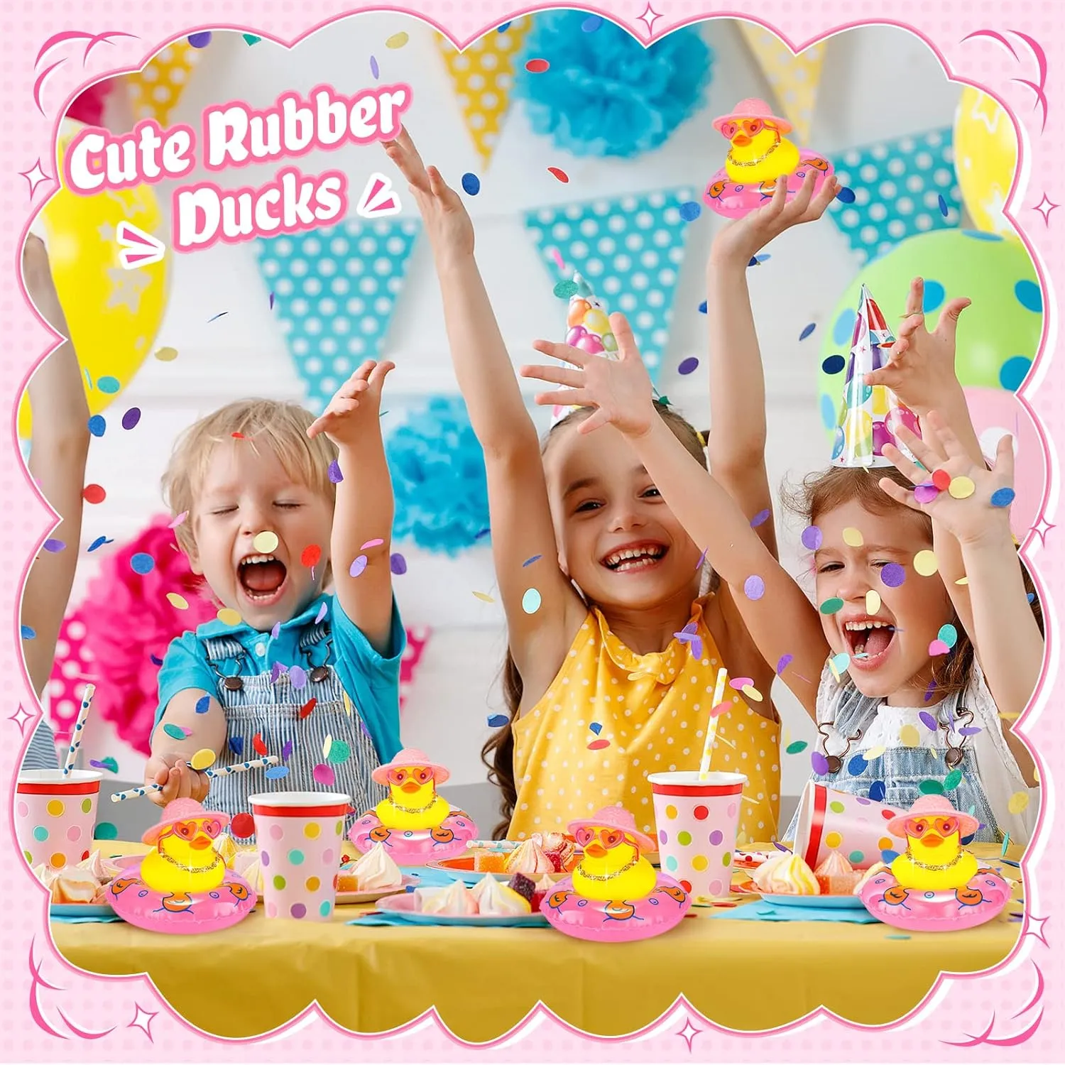 Sotiff Mini Rubber Ducks Bulk for Kids Children Cute Yellow Duck Toy for Dashboard of Car Bathtub Ornaments with Sunglasses Swim Ring Mini Hat Necklace and for Baby Shower(24 Sets,Sweet)
